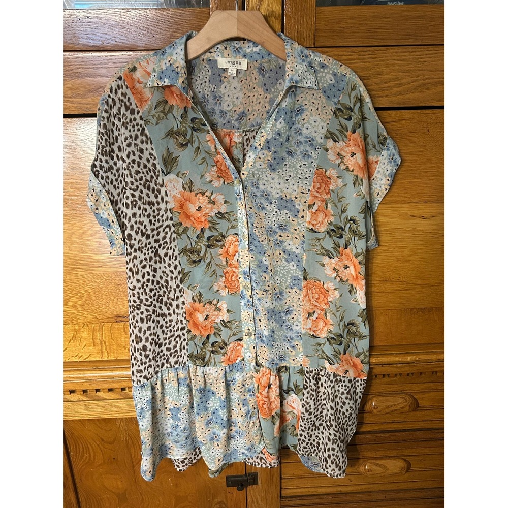 Umgee Boho Whimsigoth Mixed Floral Leopard Patchwork Button Down Peplum Top USA
